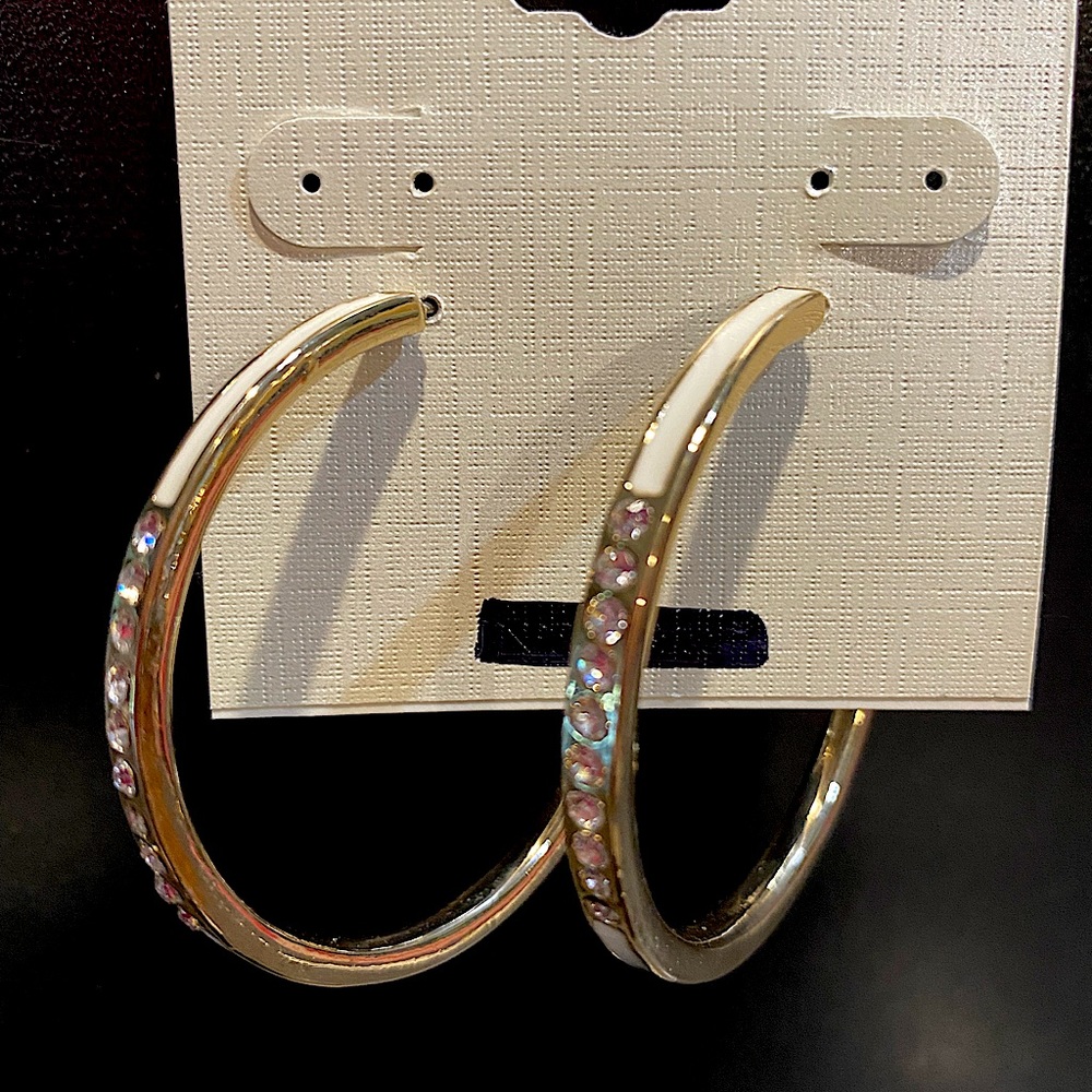 Avon 1 3/4” diameter white, gold tone and rhinestone earrings